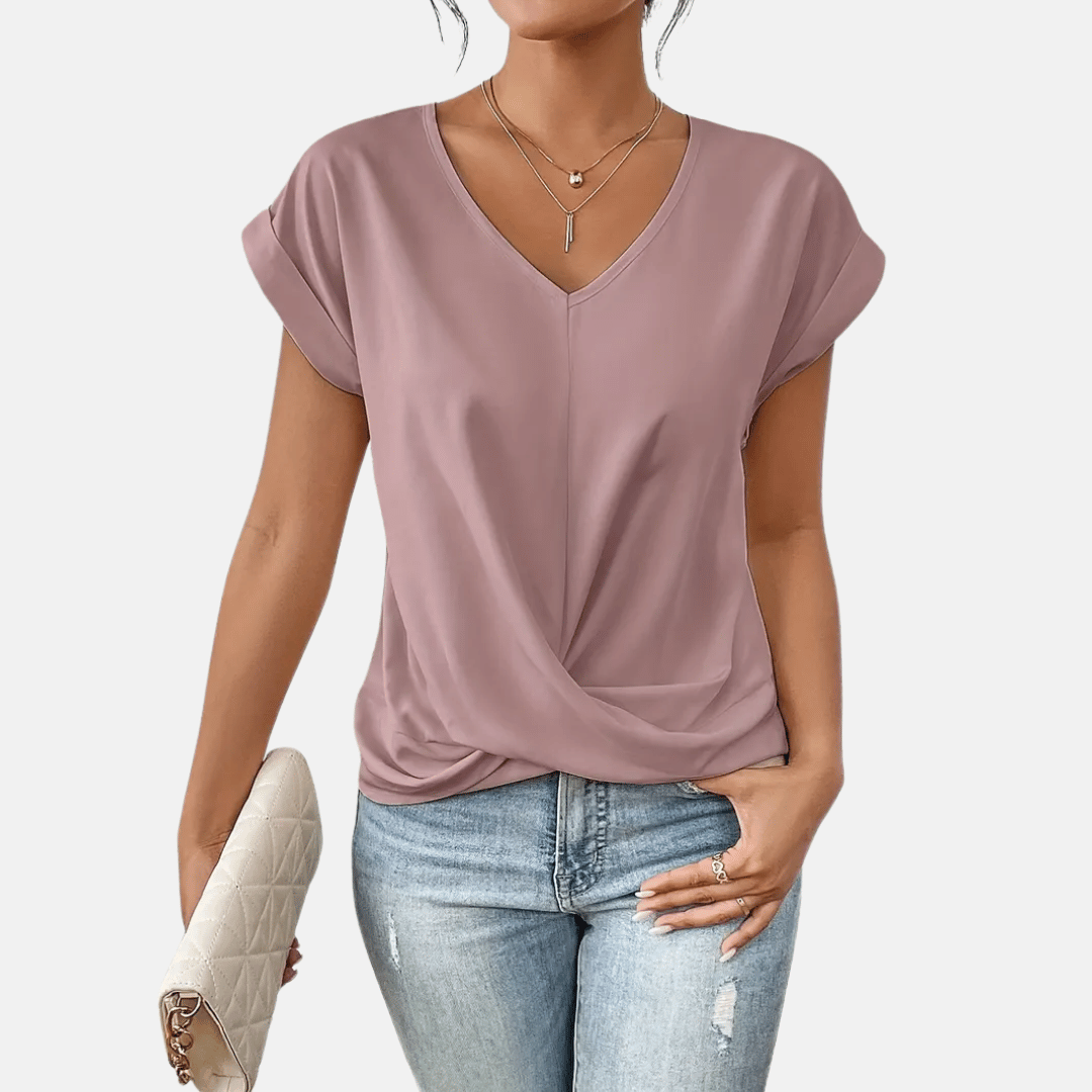 Womens V-Neck Short Sleeve Twist Hem Top