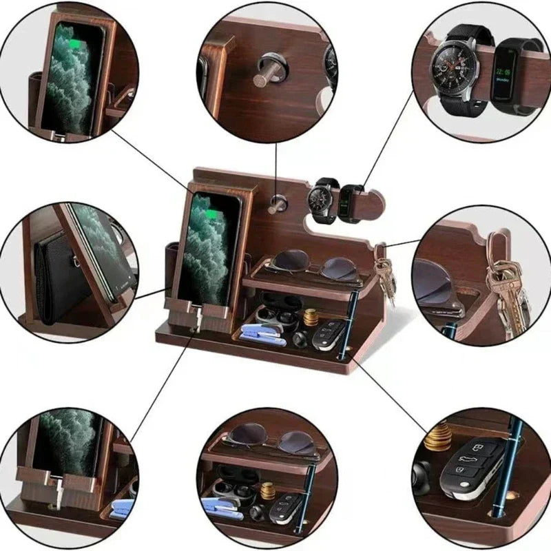 Niki | Wooden Nightstand Phone Docking Station – Multifunctional Shelf for Wallet, Watch, and Storage, Ideal for Valentine's Day