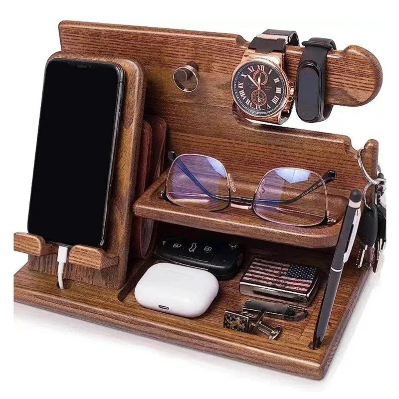 Niki | Wooden Nightstand Phone Docking Station – Multifunctional Shelf for Wallet, Watch, and Storage, Ideal for Valentine's Day