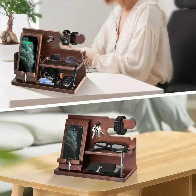 Niki | Wooden Nightstand Phone Docking Station – Multifunctional Shelf for Wallet, Watch, and Storage, Ideal for Valentine's Day