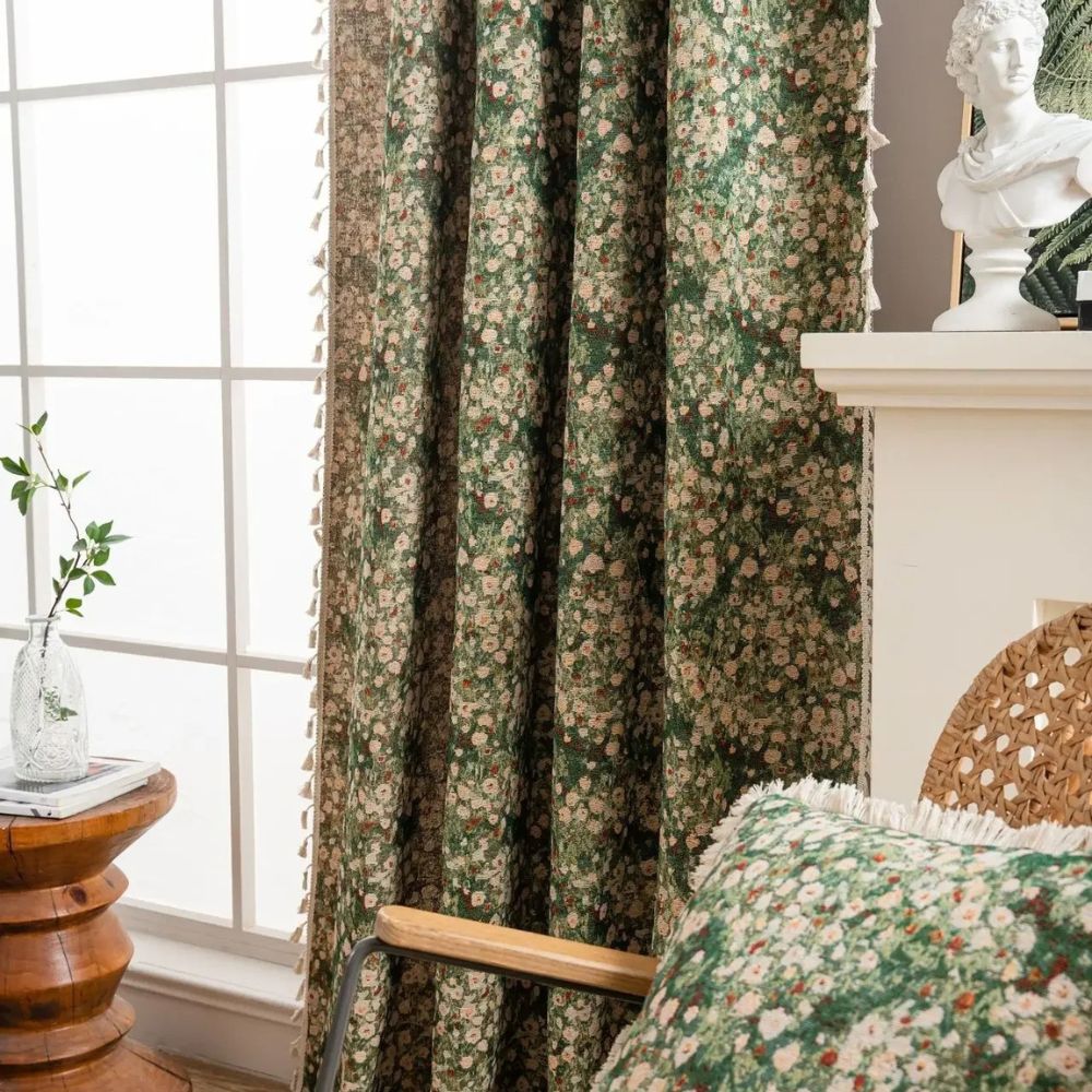 Ditsy Floral Curtain Panel with Tassel Trim