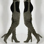 Women Faux Suede Thigh High Waist Belt Chunky High Heel Slouch Boots | Over The Knee Waist Belted Boots