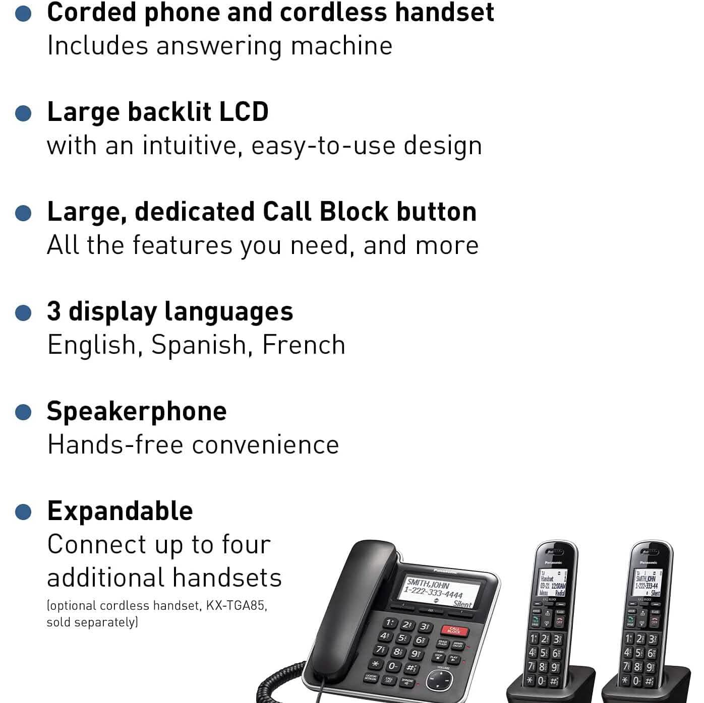 Panasonic Expandable Corded/Cordless Phone System with Answering Machine and One Touch Call Blocking – 2 Handsets  (Refurbished)