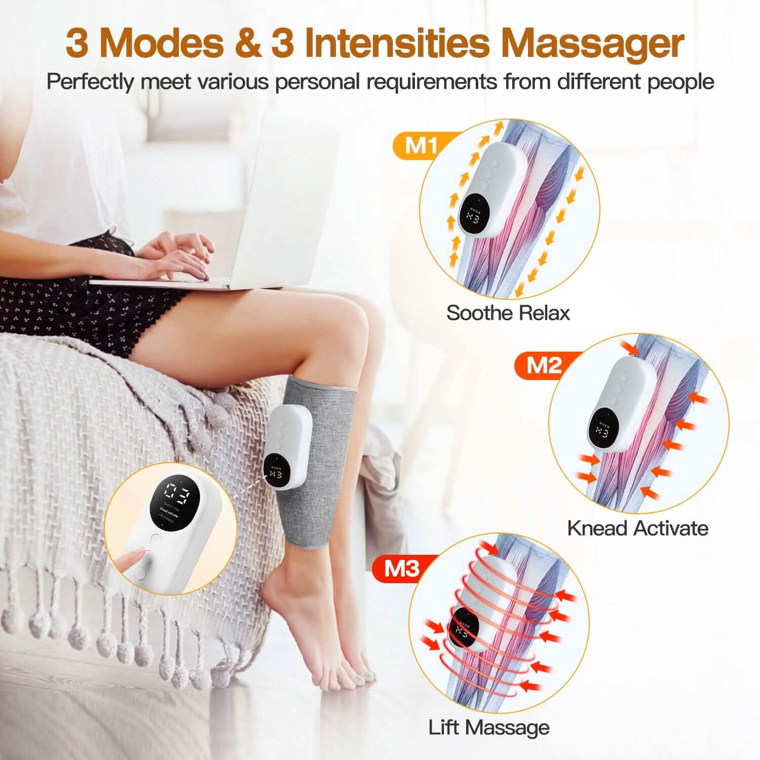 Portable Cordless Rechargeable Air Leg Compression Massage Adjustable Wrap with 3 Modes Intensities Heating Function