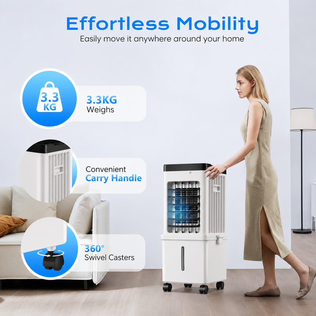 Portable Evaporative Air Cooler for Home, 12L Tank & Timer