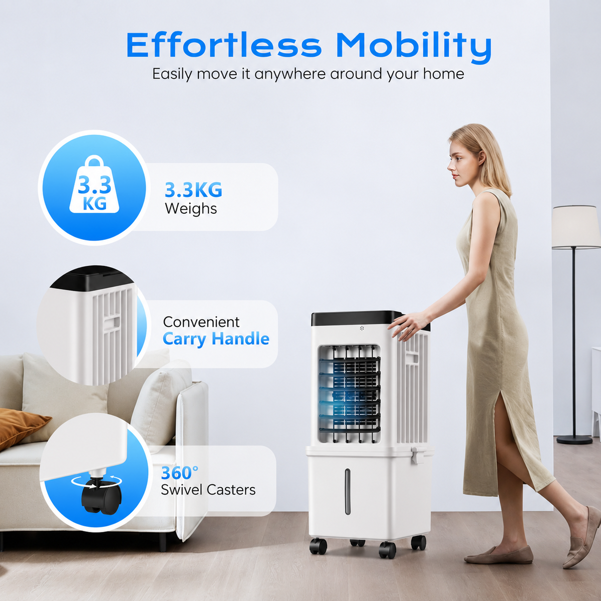Portable Evaporative Air Cooler for Home, 12L Tank & Timer