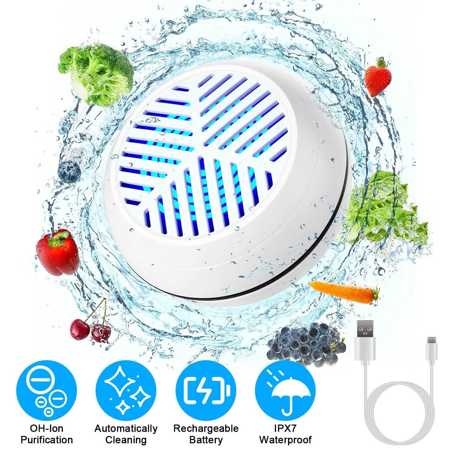Portable Fruit Vegetable Washing Machine IPX7 Waterproof Rechargeable Fruit Cleaner