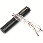 Portable Presbyopia Reading Glasses with Pen Tube Case - Unisex, Metal Frame, Spring Hinge, +1.00~+4.00, Plastic Lens