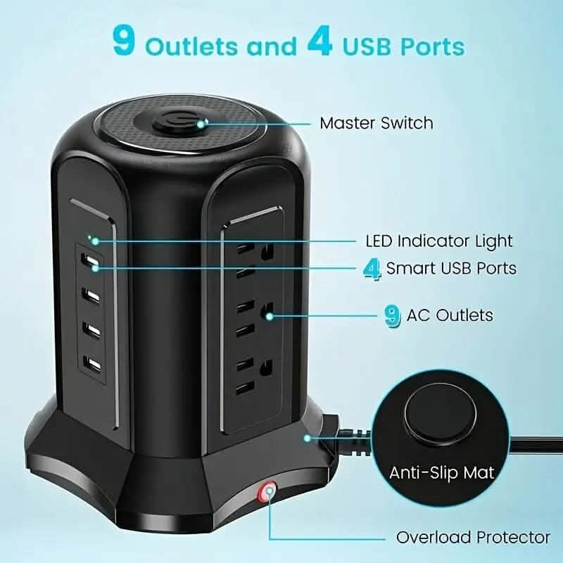 Power Strip Tower with 9 Outlets 4 USB Ports 6.5 Ft. Long Extension Cord