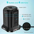 Power Strip Tower with 9 Outlets 4 USB Ports 6.5 Ft. Long Extension Cord