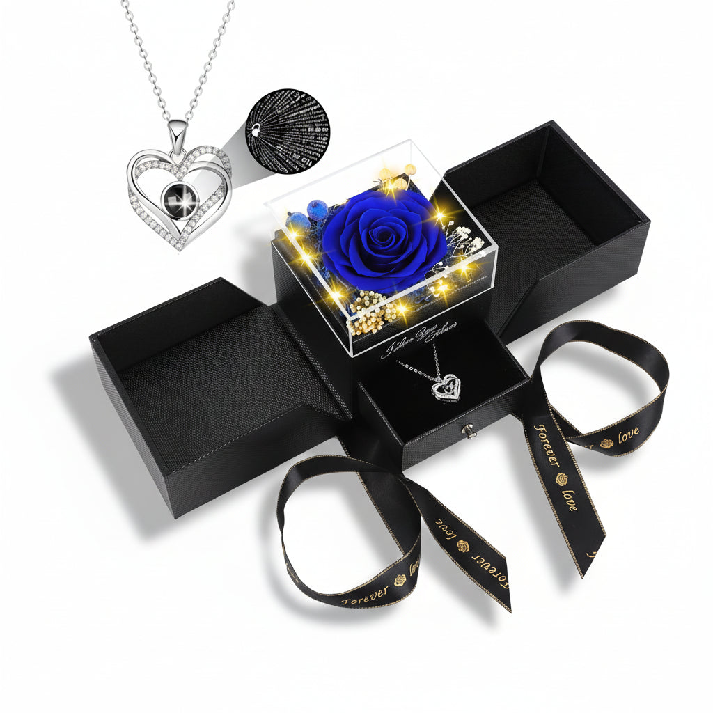 Preserved Eternal Flower Rose Gift Box with LED Light & Love Necklace