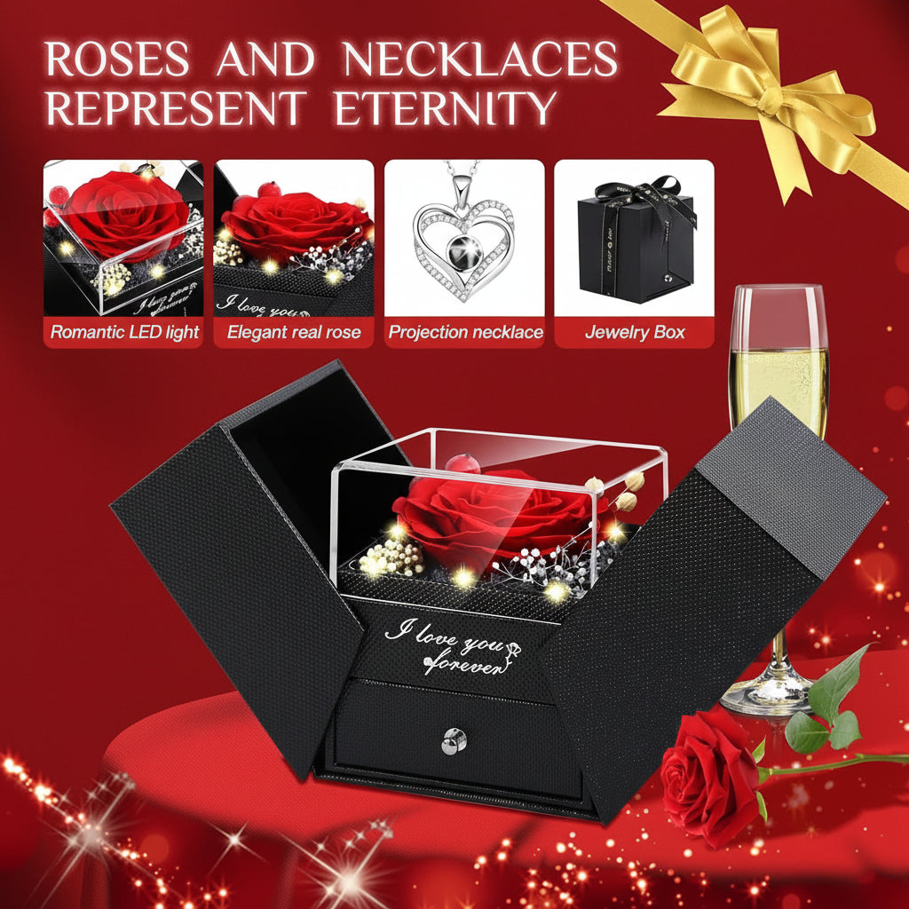Preserved Eternal Flower Rose Gift Box with LED Light & Love Necklace