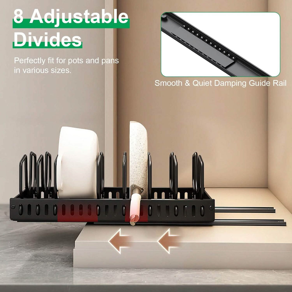 Pull Out Pots and Pans Organizer with 8 Adjustable Dividers