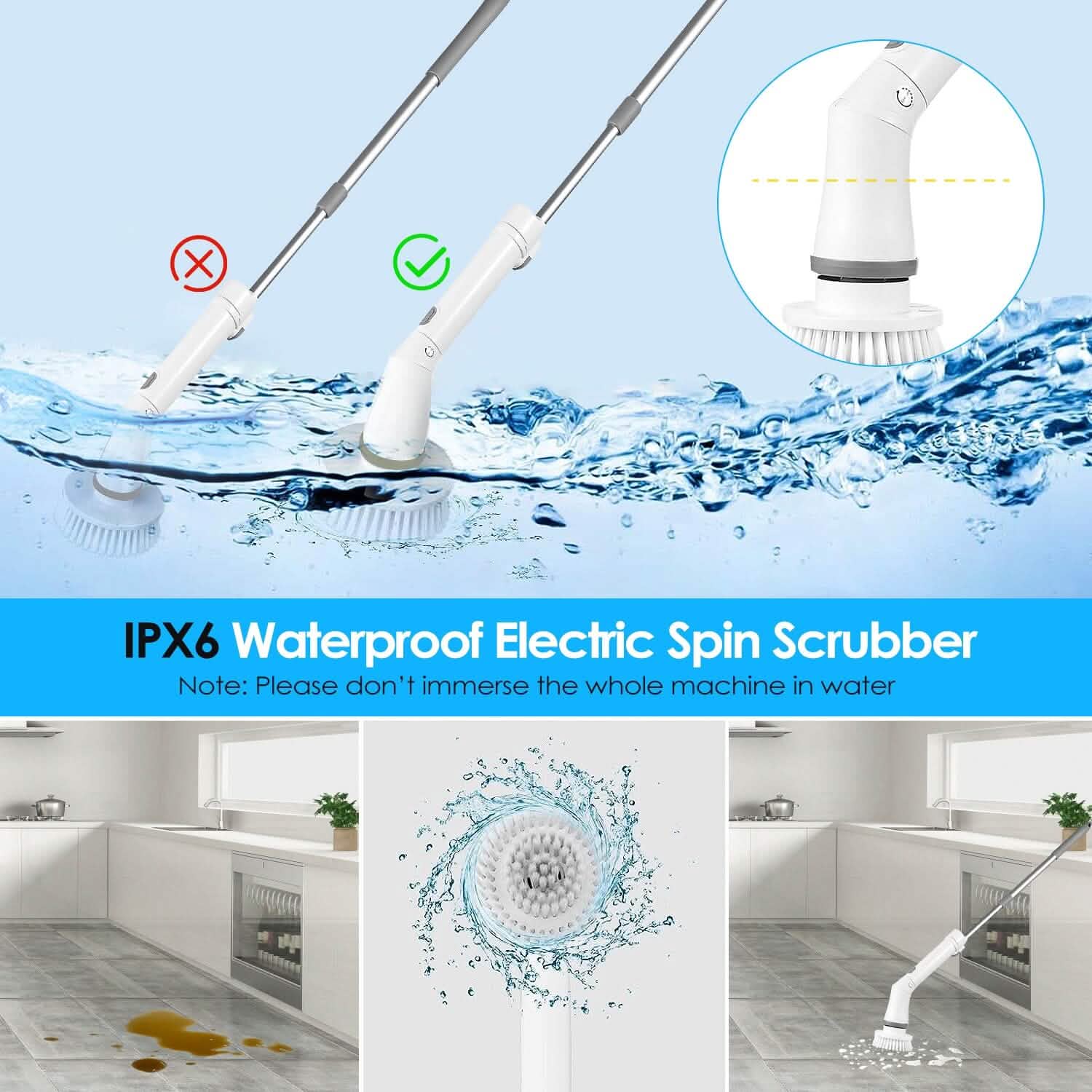 Rechargeable Telescopic Cleaning Brush 6 Replaceable Heads 2 Speed Adjustable Extension Arm