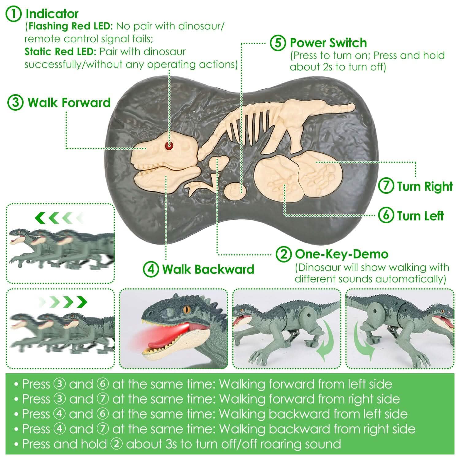 Remote Control Dinosaur with 3D Eye Roaring Sounds for 3-12 Years Old