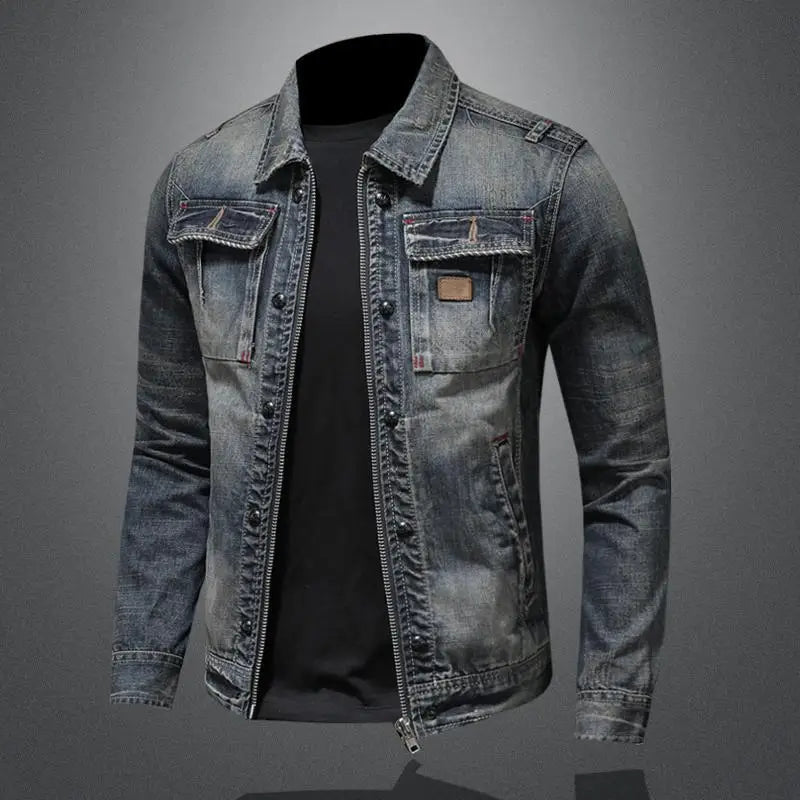 Classic Denim Jacket with Long Sleeves and Stand-Up Collar