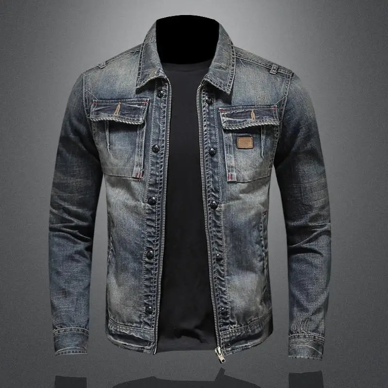 Classic Denim Jacket with Long Sleeves and Stand-Up Collar