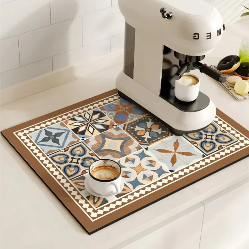 Absorbent Mat with Vintage Tile Design for Kitchen