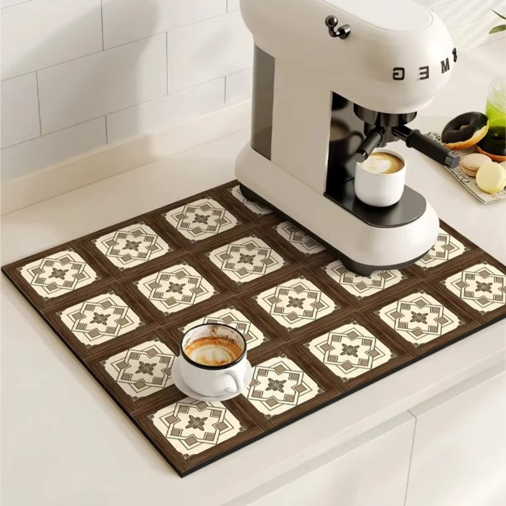Absorbent Mat with Vintage Tile Design for Kitchen