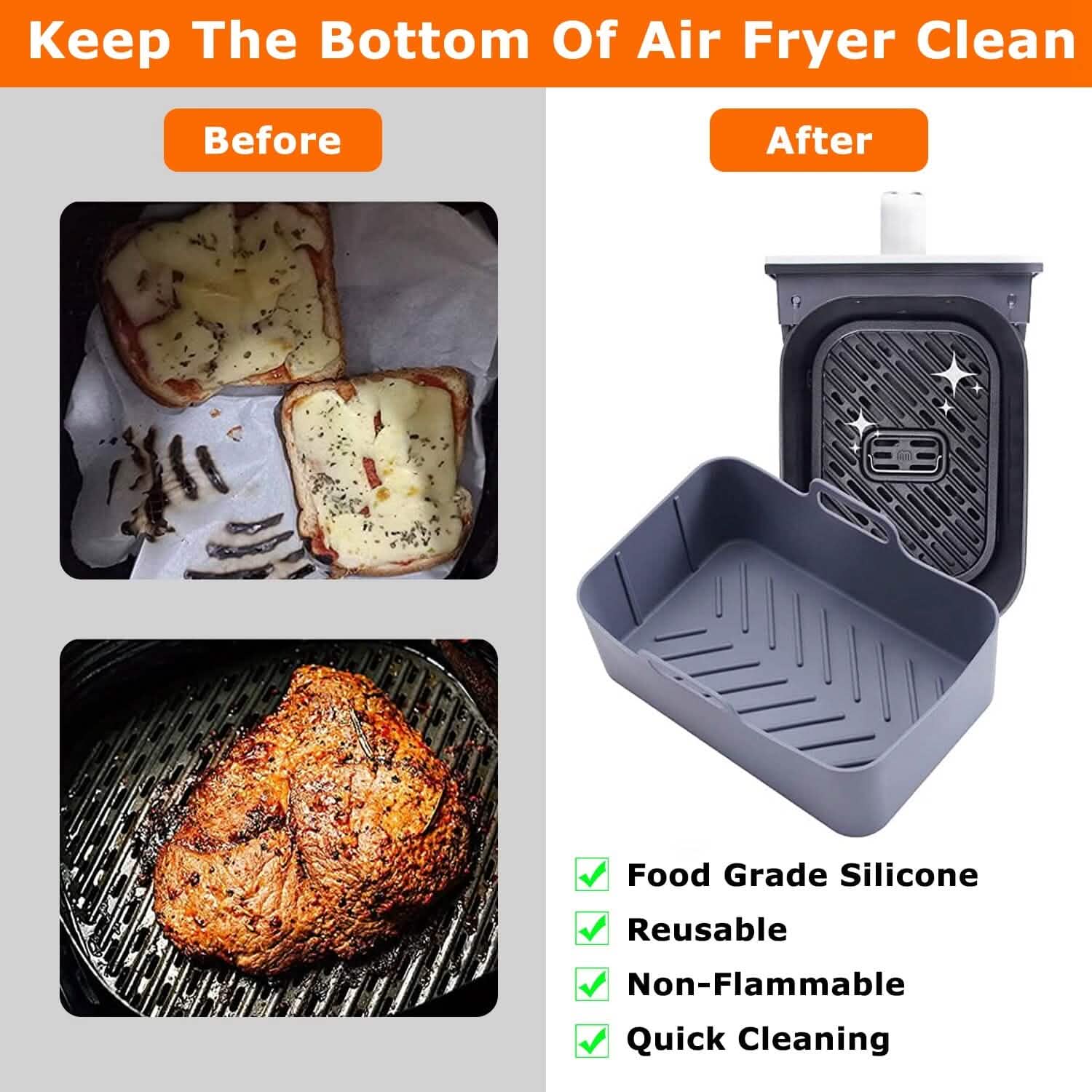 Reusable Air Fryer Silicone Pot Rectangle Replacement of Parchment Liners 6-8 Quart