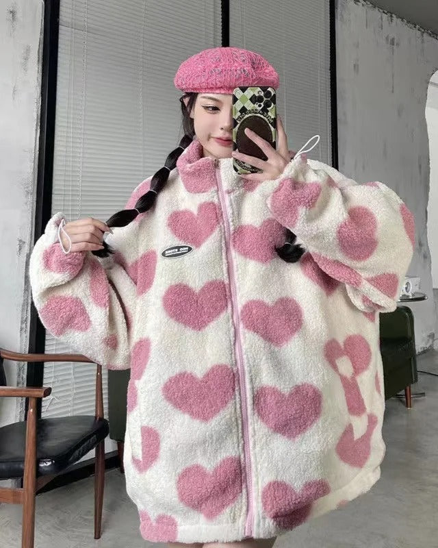 Reversible Heart Pattern Fleece Jacket