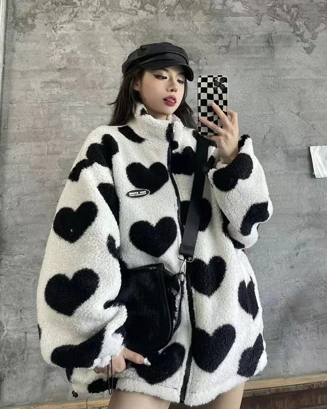 Reversible Heart Pattern Fleece Jacket