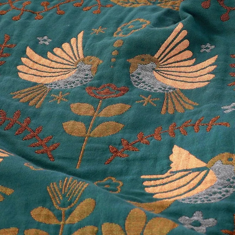 Reversible Cotton Throw Blanket | Scandinavian Bird Design