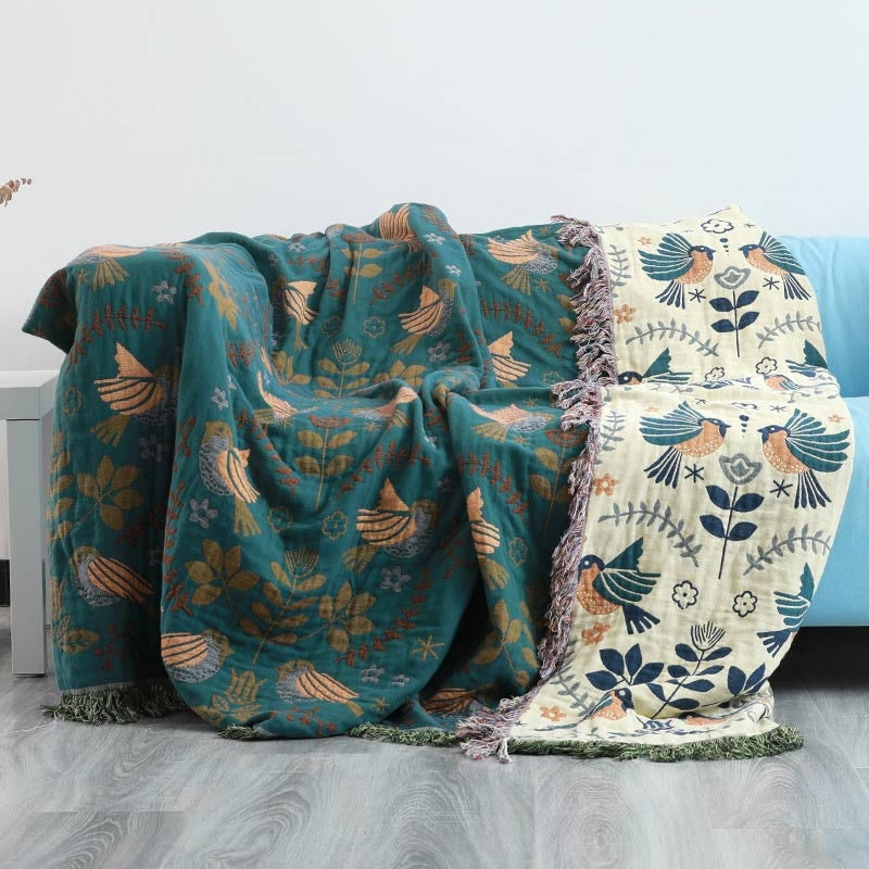 Reversible Cotton Throw Blanket | Scandinavian Bird Design