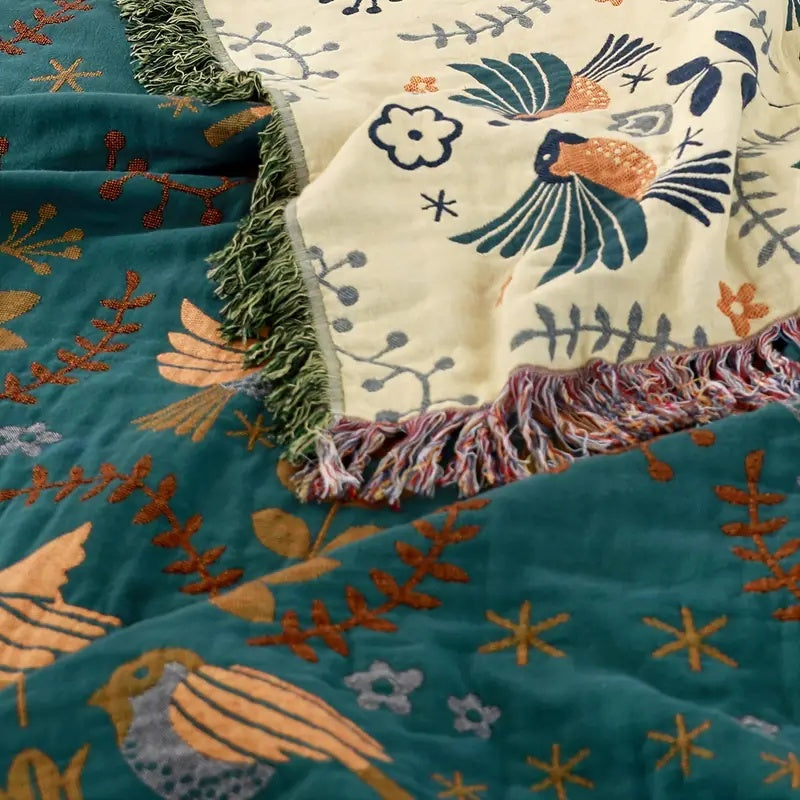 Reversible Cotton Throw Blanket | Scandinavian Bird Design