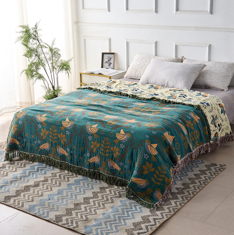 Reversible Cotton Throw Blanket | Scandinavian Bird Design