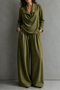 Ribbed Knit Draped Top and Trousers Set