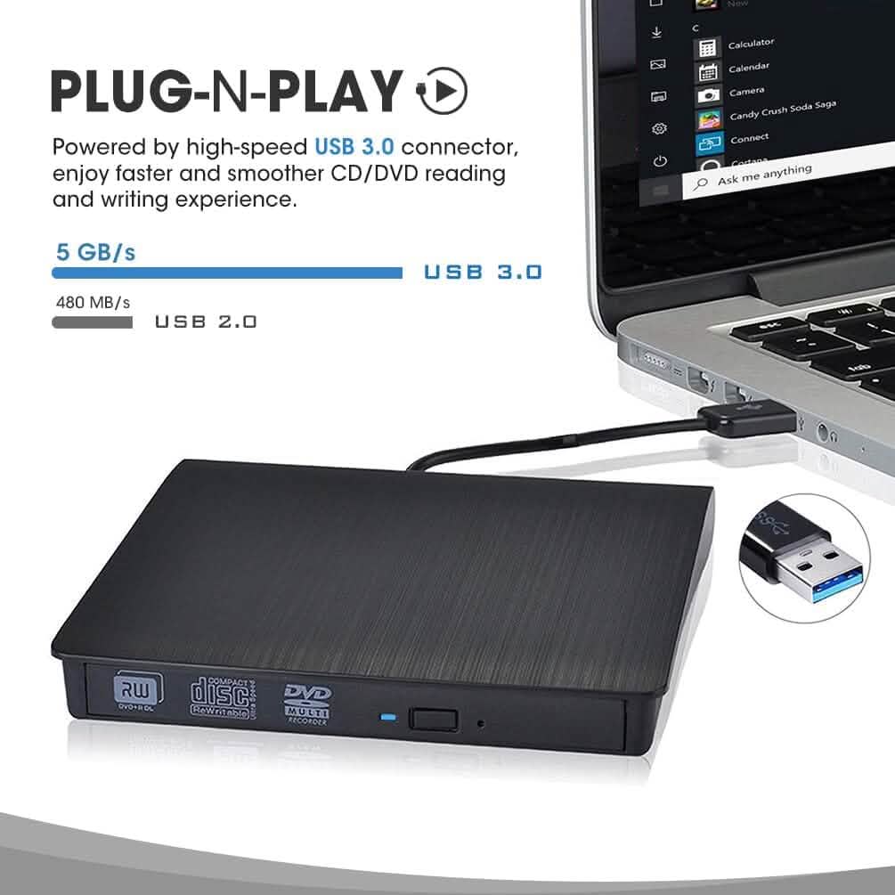 ROOFULL External CD DVD Drive USB 3.0 CD-Burner Premium Portable CD-ROM DVD+/-RW Optical Disc Drive Player Reader Rewriter  (Refurbished)