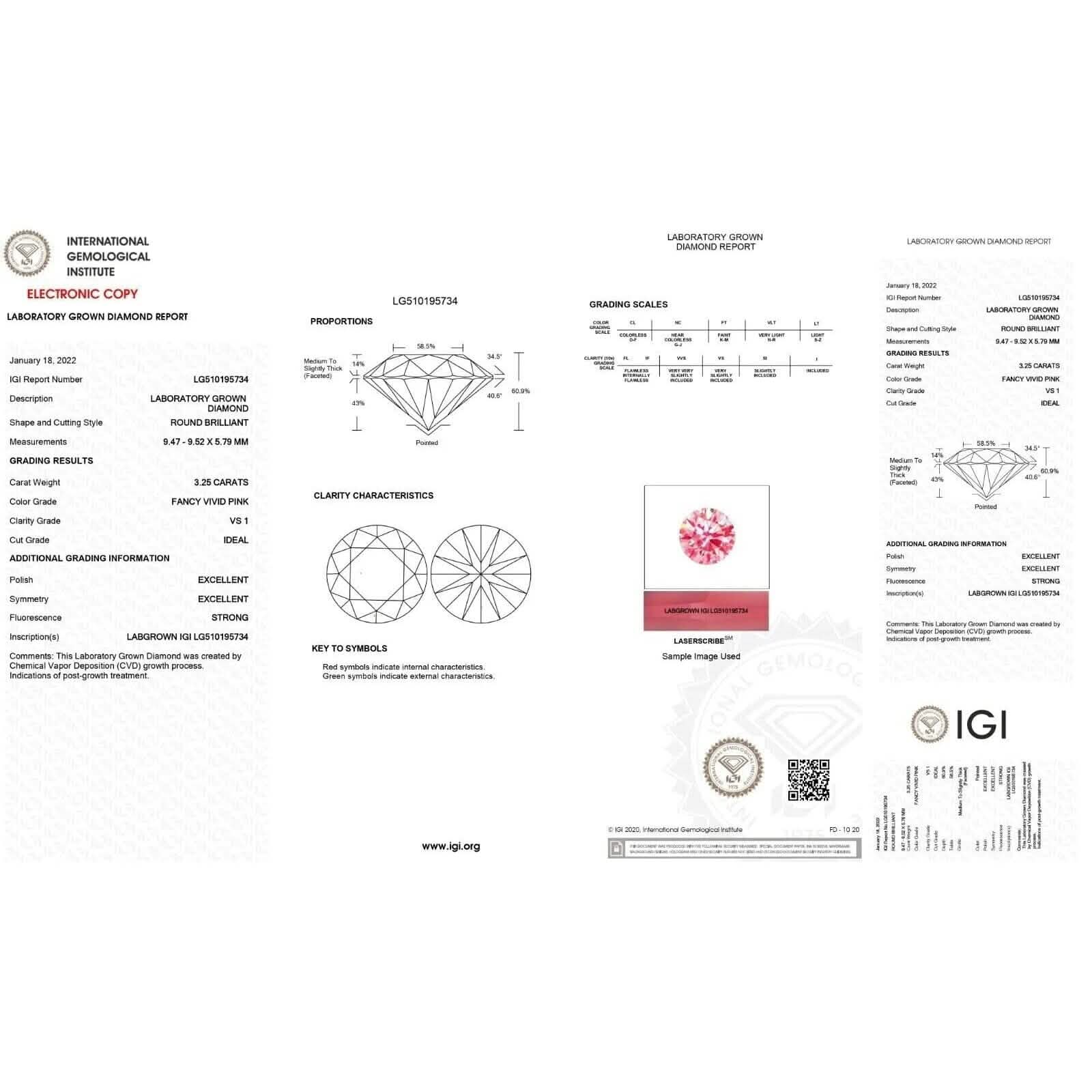 Round 3.25 ct Fancy Intense Pink VS1 IGI Certified Lab Grown HPHT Diamond Round