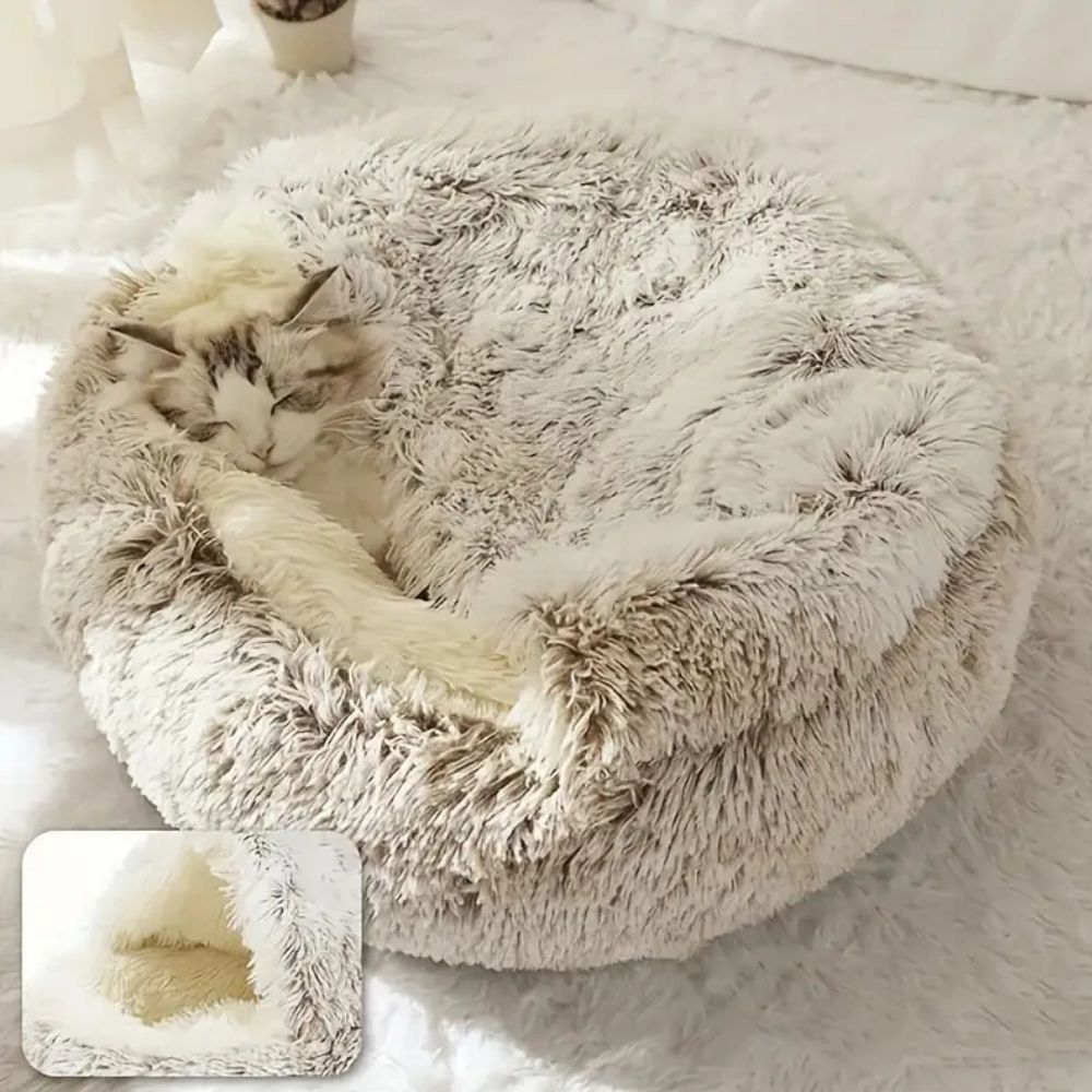 Plush Hooded Round Faux Fur Pet Cozy Bed