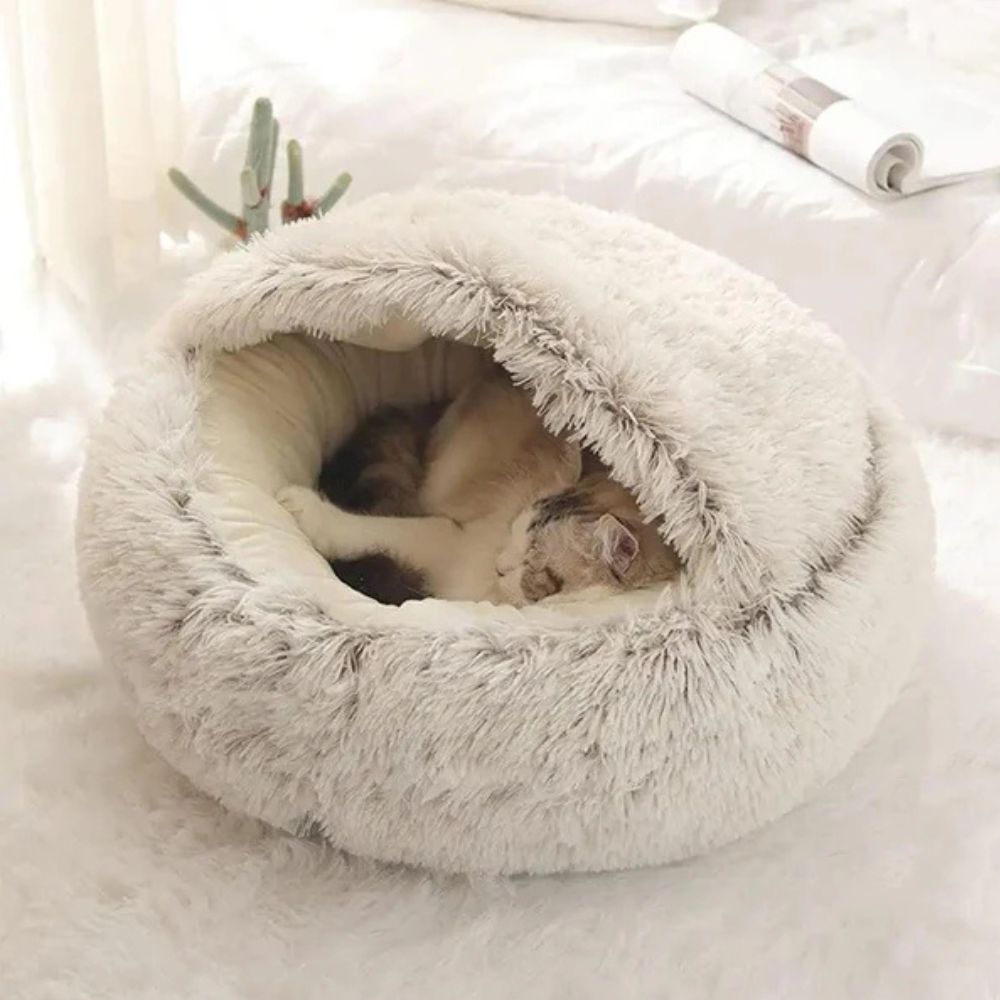 Plush Hooded Round Faux Fur Pet Cozy Bed