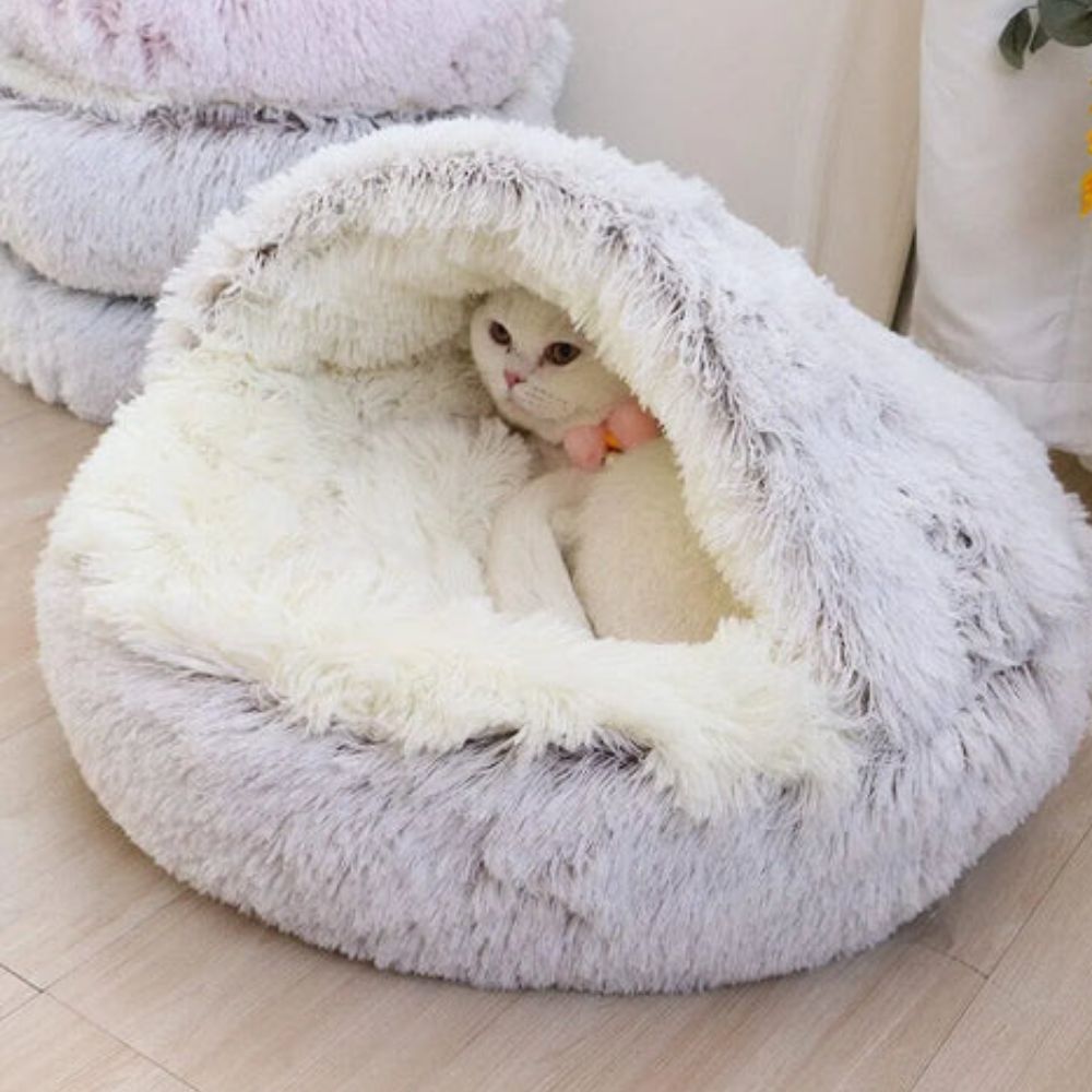 Plush Hooded Round Faux Fur Pet Cozy Bed