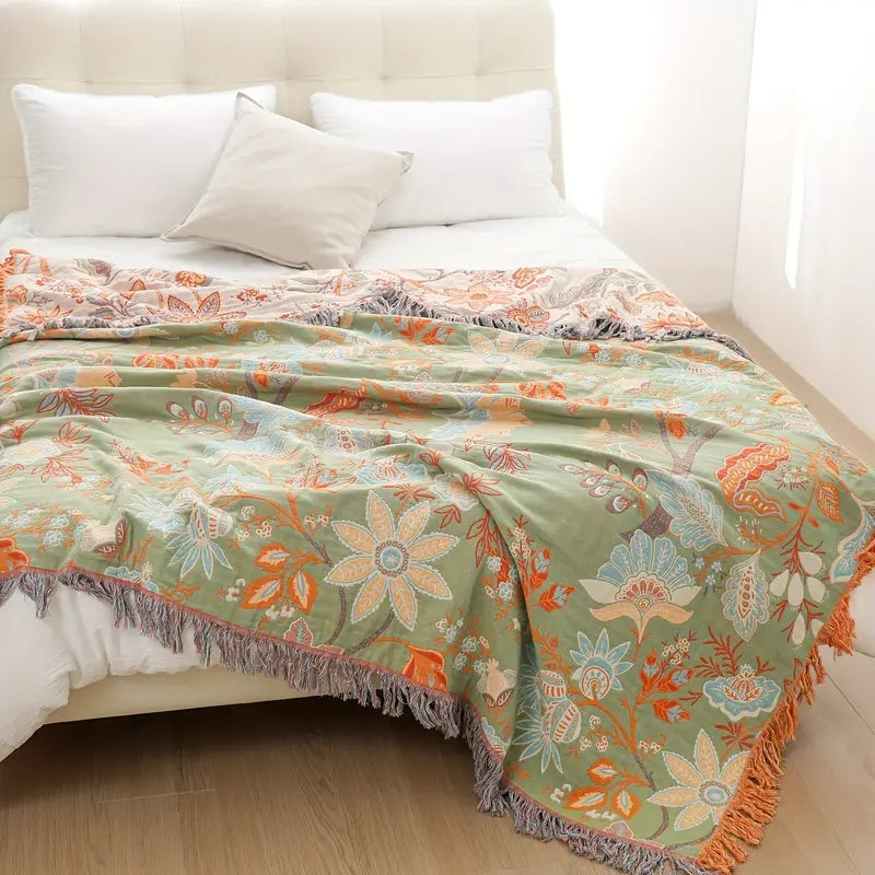 Cotton Floral Bohemian Throw Blanket | Artistic Fringe Accent