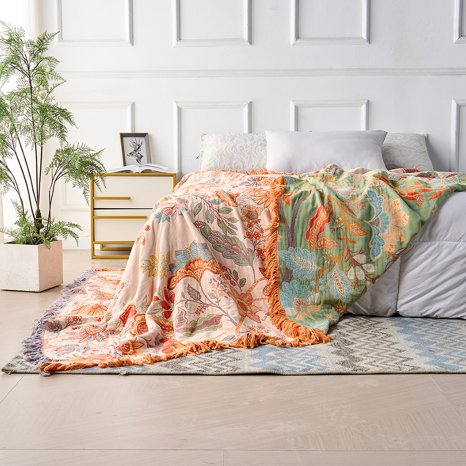 Cotton Floral Bohemian Throw Blanket | Artistic Fringe Accent