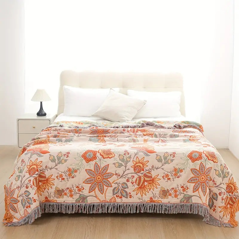 Cotton Floral Bohemian Throw Blanket | Artistic Fringe Accent