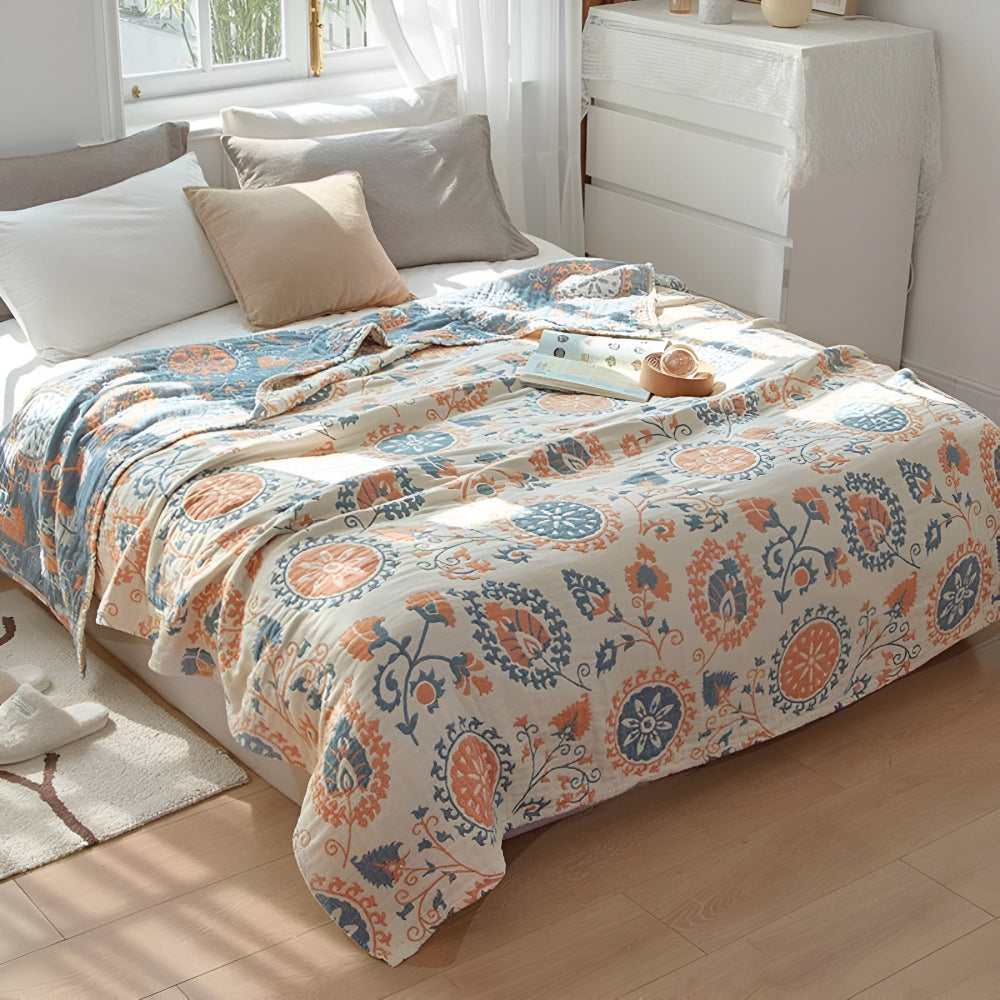 Floral Print Cotton Reversible Throw Blanket