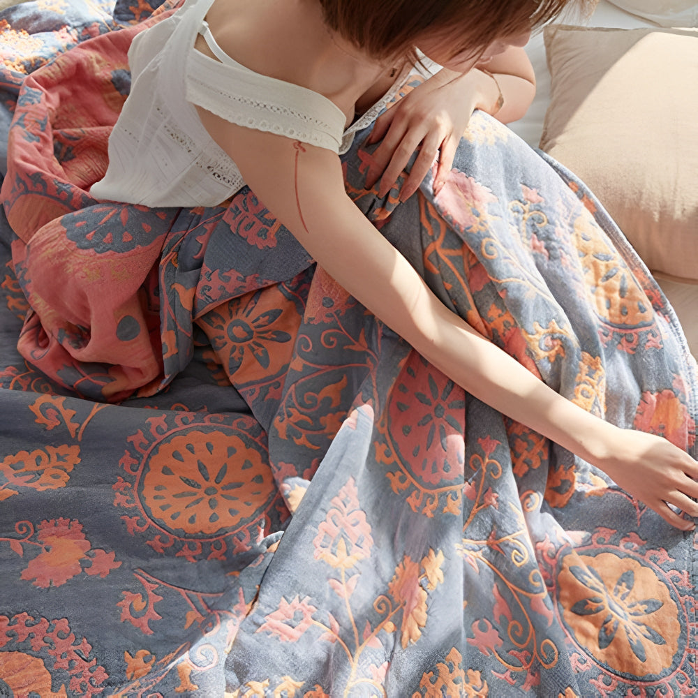 Floral Print Cotton Reversible Throw Blanket