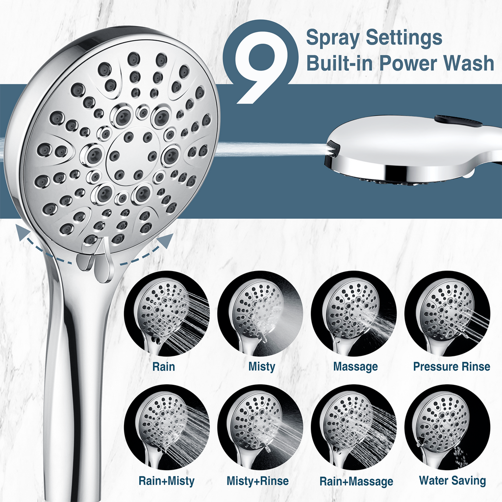 Handheld Shower Head, 9-Spray Showerhead with 69" Hose, Bracket