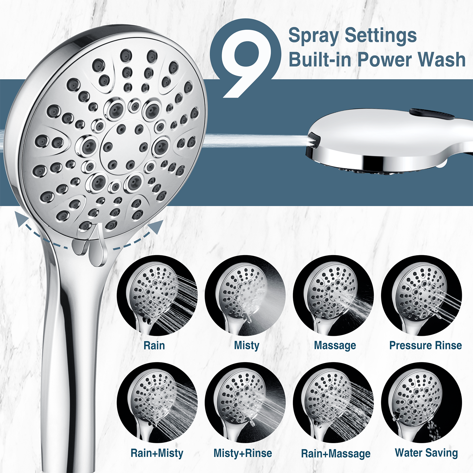 Handheld Shower Head, 9-Spray Showerhead with 69" Hose, Bracket