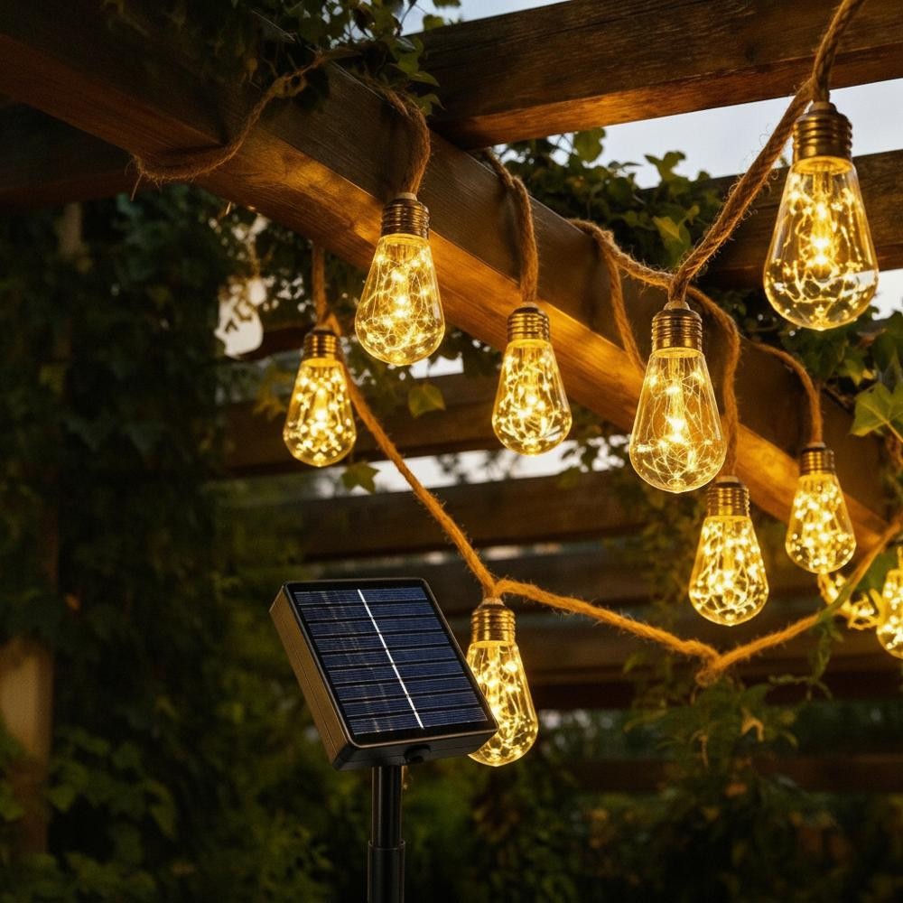 Solar Hemp Rope String Lights – IP65, 8 Modes