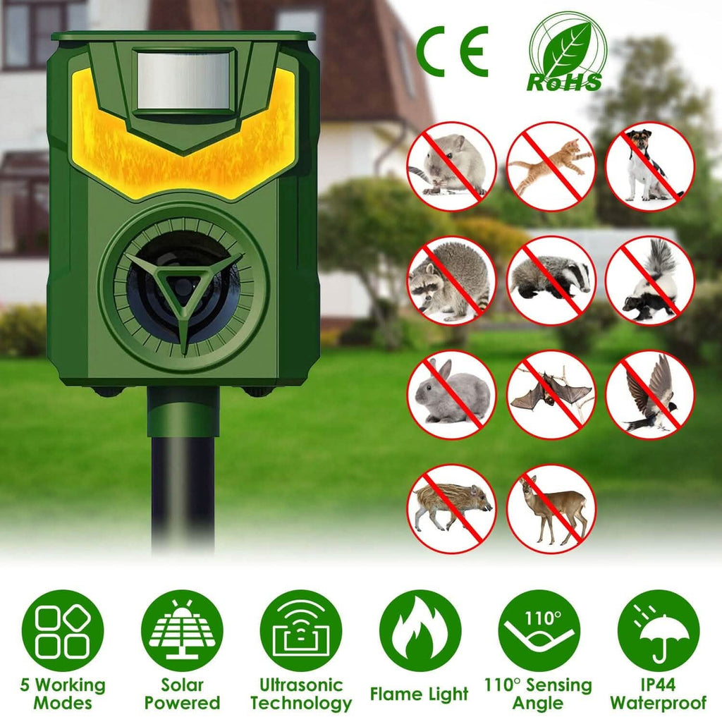 Solar Ultrasonic Animal Repeller with Flame Light USB Charge Motion Sensor