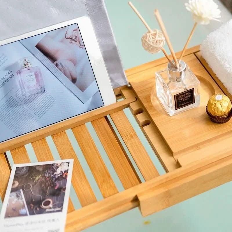 Solavera Bamboo Relax Tray | Extendable Bathtub Tray | Sustainable & Elegant | With Glass & Book Holder for Spa Enjoyment at Home