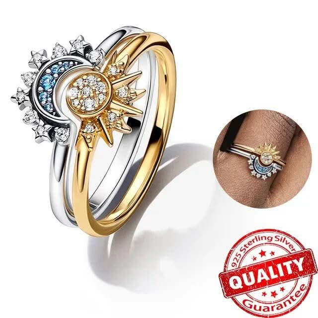 Sparkling Silver Crystal Ring - Elegant 925 silver ring with moon & sun design