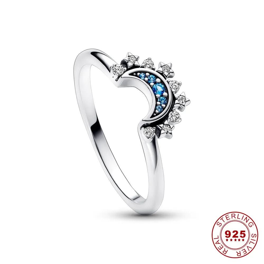 Sparkling Silver Crystal Ring - Elegant 925 silver ring with moon & sun design