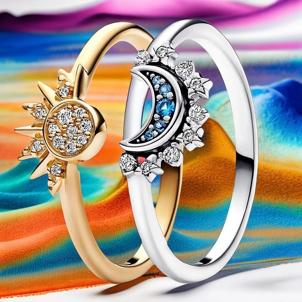 Sparkling Silver Crystal Ring - Elegant 925 silver ring with moon & sun design