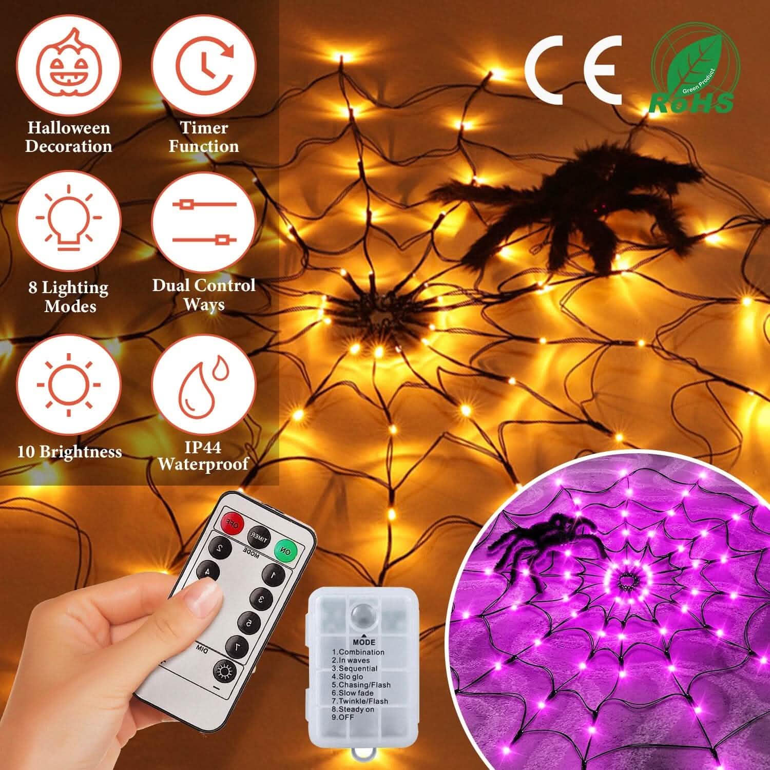 Spider Web Light with Hairy Spider 70LED Battery Powered Remote Control 8 Lighting Modes